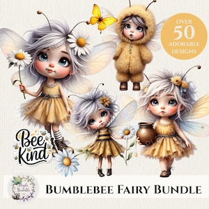 Puede incluir: Un paquete de arte digital con varios diseños de hadas adorables. Las hadas tienen ojos grandes, alas y visten trajes amarillos y marrones. También se ve el texto "Bee Kind" y "Bumblebee Fairy Bundle".