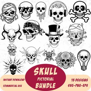 Skull SVG Bundle – 15 Detailed Skull Illustrations | Gothic, Tattoo, Rock Style | SVG PNG for Cricut & Silhouette
