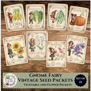 May include: A collection of vintage seed packets featuring illustrations of gnomes with various vegetables and flowers. The packets include corn, lettuce, green beans, pumpkin, sunflower, forget-me-nots, poppies, and pansies. The text reads "Gnome Fairy Vintage Seed Packets".