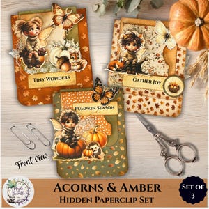 Herfstfee verborgen paperclipset, printbare paperclips voor junk journals, herfstfeecore ephemera, digitale downloadbare bladwijzerlabels