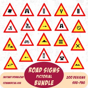 May include: A set of yellow and red triangular road signs featuring black symbols indicating hazards and directions, such as a railway crossing and a crossroads. A maroon banner displays "ROAD SIGNS PICTORIAL BUNDLE".