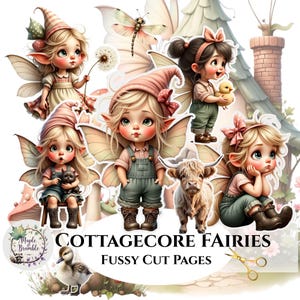 Op de afbeelding: Cottagecore feeën knipbladen. De afbeelding toont verschillende schattige feeënillustraties met grote ogen, vleugels en grillige outfits. De feeën staan in verschillende poses, sommige houden dieren vast. Het kleurenpalet omvat zachte roze, groene en bruine tinten.