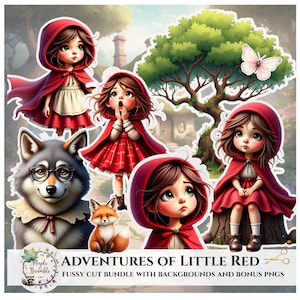 May include: A digital art bundle featuring illustrations of Little Red Riding Hood, a wolf, and a fox. The images include a red hooded cape, a white dress, and a forest background. The text reads "Adventures of Little Red".