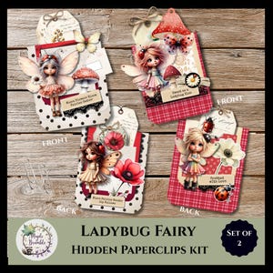 Könnte beinhalten: Ein Set aus zwei versteckten Papierclips mit Marienkäfer-Feen. Jeder Papierclip zeigt eine Feenillustration mit Flügeln, Blumen und Marienkäfern. Die Papierclips haben dekorative Anhänger mit den Texten "Where Flowers Bloom Fairies Gather", "Sweet as a Ladybug Kiss", "Where Fairies Render Joy Follows" und "Spotted with Love".