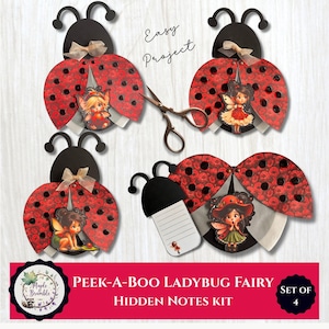 May include: A set of four ladybug-themed craft kits. Each ladybug has red wings with black spots, a black head, and a small fairy illustration. The text "Easy Project" is visible, along with "PEEK-A-BOO LADYBUG FAIRY HIDDEN NOTES KIT".