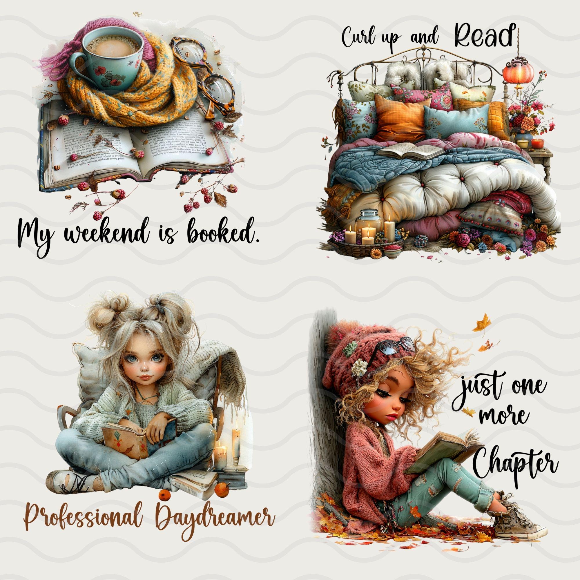Cozy Reading Clipart Bundle, Book Lover Watercolor PNG Images (digital ...