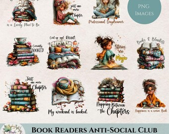Cozy Reading Clipart Bundle, Book Lover Watercolor PNG Images (Digital Download)
