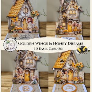 May include: A collection of four 3D easel cards with a fairy house design. Each card showcases a detailed illustration of a whimsical house with butterflies, fairies, and floral accents. The cards feature greetings such as "Sending Sunshine" and "Happy Birthday".
