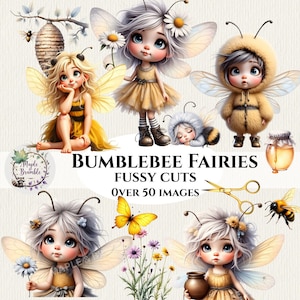 Puede incluir: Imagen digital con ilustraciones de hadas abeja. Las hadas tienen alas delicadas y visten trajes amarillos y dorados. La imagen incluye flores, tarros de miel y abejas. El texto dice "Bumblebee Fairies Fussy Cuts Over 50 Images."