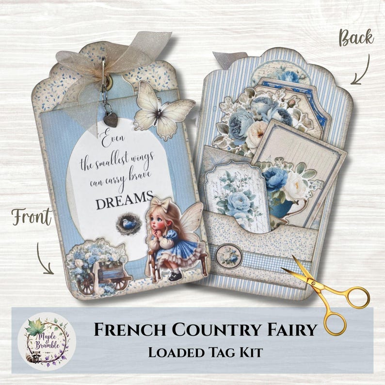 Blue French Country Fairy Loaded Tag, Vintage Shabby Chic Junk Journal ...