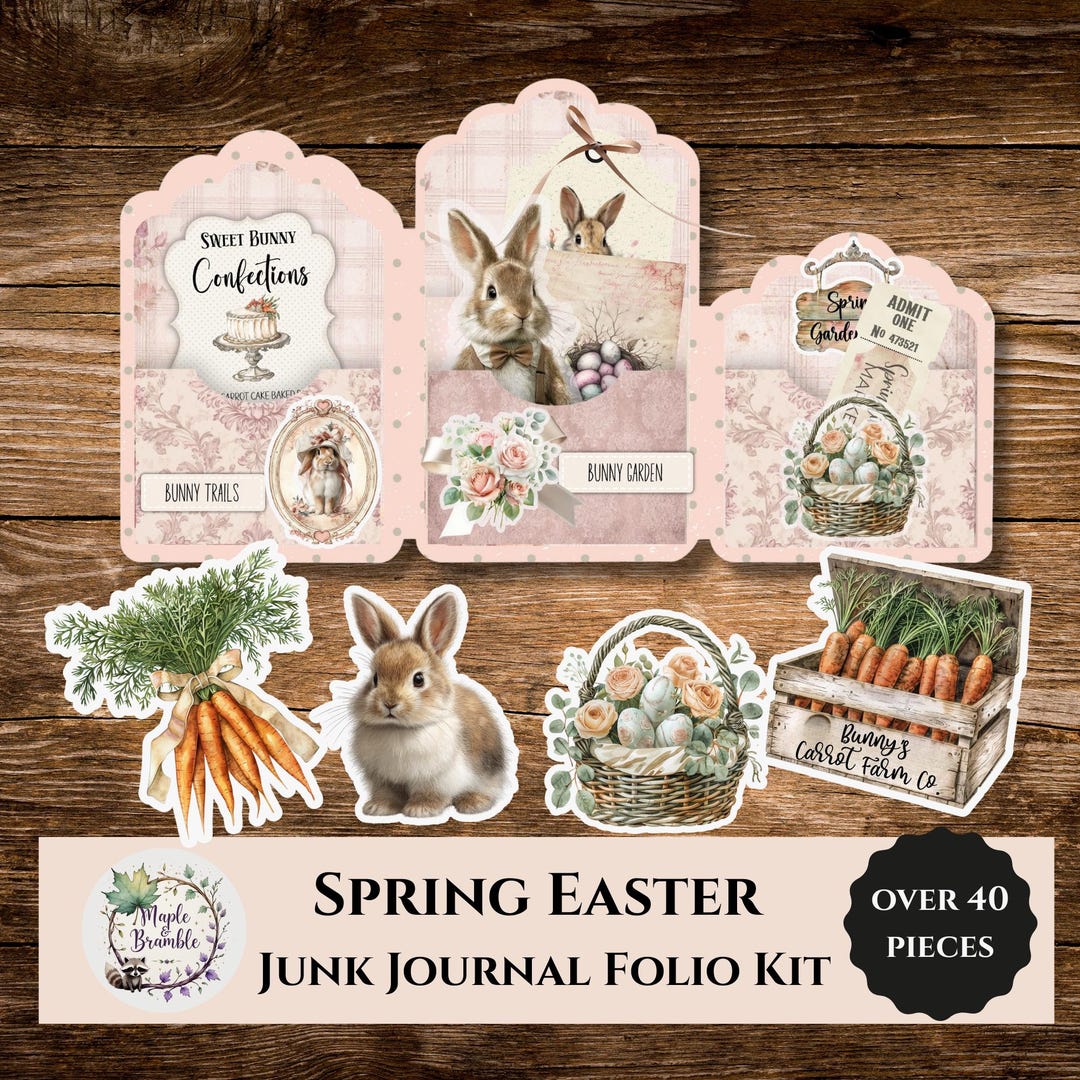 Spring Easter Junk Journal Folio Kit , Bunny Ephemera, Vintage Journal ...
