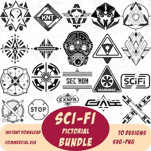 Könnte beinhalten: Eine Sammlung von schwarz-weißen Sci-Fi-Grafikdesigns. Die Designs umfassen geometrische Formen, Symbole und Textelemente wie "WARNING" und "SCIFI". Das Bild enthält auch den Text "SCI-FI PICTORIAL BUNDLE".