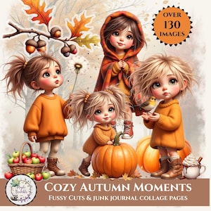 Gezellige herfstclipart voor meisjes, uitgesneden herfstdagboek en ephemera-kit (digitale download)