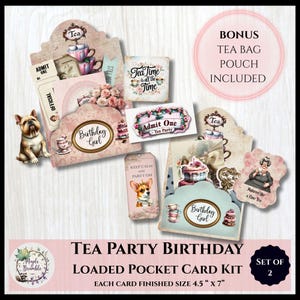 Pode incluir: Um kit de cartões de bolso carregados para uma festa de chá de aniversário com vários elementos decorativos. Inclui cartões com texto como "Birthday Girl" e "Tea Time is all the Time". O tamanho final do cartão é de 11,4 cm x 17,8 cm.