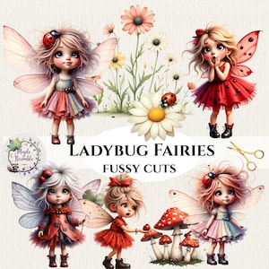 Könnte beinhalten: Digitale Illustration von Marienkäfer-Feen mit Flügeln, in bunten Kleidern. Das Bild enthält Blumen, Pilze und den Text "LADYBUG FAIRIES FUSSY CUTS". Eine goldene Schere ist ebenfalls vorhanden.