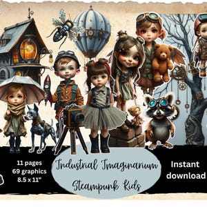 Little Steampunk Kids Clipart – Industrial Victorian Children, Gears & Cogs Graphics, Steampunk Illustrations for Printables and Crafts
