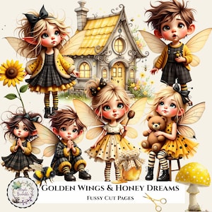 Bumblebee Fairy Clipart Bundle, Cottagecore Bee Fairy Fussy Cuts, Junk Journal Ephemera, Digital Download