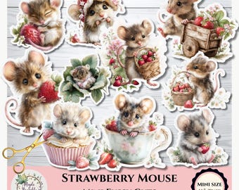 May include: A collection of whimsical "Strawberry Mouse" mini fussy cuts. The illustrations feature adorable mice with strawberries, flowers, and baskets. Each sticker is approximately 1.5"-2" in size. The text on the image reads "Strawberry Mouse" and "Mini Fussy Cuts".