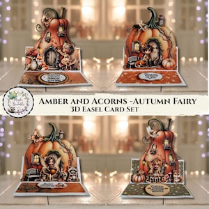 Pode incluir: Um conjunto de quatro cartões de cavalete 3D com casas em forma de abóbora e ilustrações de fadas e criaturas da floresta. Cada cartão exibe cenas de outono com os textos Sending a little bit of magic your way, Thinking of you, Happy Birthday e Pumpkin kisses and autumn wishes.