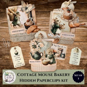 Könnte beinhalten: Ein Set aus drei versteckten Büroklammern der Cottage Mouse Bakery. Die Büroklammern zeigen Illustrationen von Mäusen beim Backen, Cupcakes, Croissants und einer Teekanne. Das Set enthält Rezeptetiketten und einen Schmetterling. Der Text enthält "A Batch of Happiness".