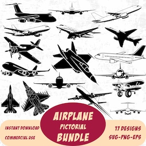 May include: A set of 17 black and white airplane illustrations, featuring different aircraft types such as jets and propeller planes. The image includes the text "AIRPLANE PICTORIAL BUNDLE" and "INSTANT DOWNLOAD COMMERCIAL USE".