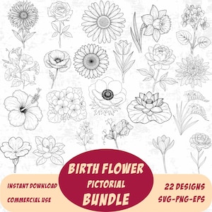 Birth Flower SVG Bundle: Floral Line Art Designs for Cricut & Silhouette, tattoo art