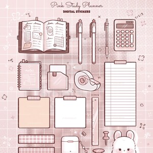 Puede incluir: Un conjunto de pegatinas digitales rosas con varios artículos de papelería, incluyendo un cuaderno, bolígrafos, una calculadora y notas adhesivas. El conjunto también incluye una linda ilustración de conejito, chinchetas y una marca de verificación. El texto "Pink Study Planner" está en la parte superior.