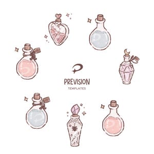 May include: Illustration of seven potion bottles in various shapes, filled with pastel-colored liquids. The bottles have cork stoppers and decorative elements like ribbons and gems. The image includes the text "PREVISION TEMPLATES".