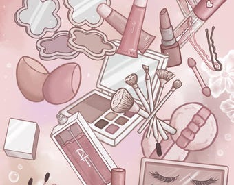 32 Beauty Stickers | Digitally Handdrawn | Clipart | Aesthetic | Makeup Stickers | Glam | Lashes | Digital Stickers | Cosmetic | + Outlined