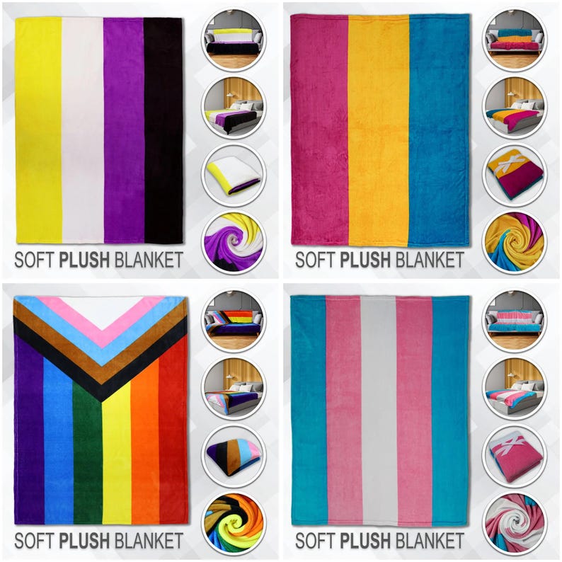 K&ouml;nnte beinhalten: Vier weiche Pl&uuml;schdecken mit verschiedenen Pride-Flaggen-Designs. Die Decken zeigen die nicht-bin&auml;ren, pansexuellen, Progress-Pride- und Transgender-Flaggen. Jede Decke hat den Aufdruck "SOFT PLUSH BLANKET" am unteren Rand.