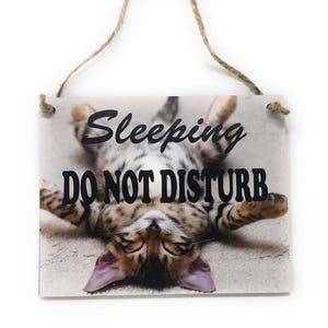 May include: A white sign with a brown twine hanger. The sign features a photo of a sleeping tabby cat with the text "Sleeping Do Not Disturb" in black.