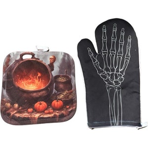 May include: A set of two Halloween-themed oven mitts. One mitt features a cauldron with a witch and pumpkins, while the other mitt has a skeleton hand design.
