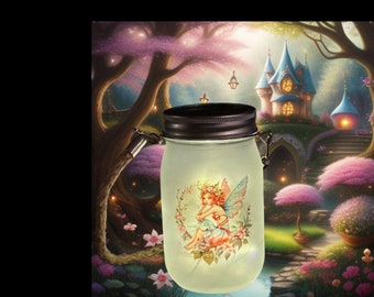 May include: A glass jar with a metal lid and a fairy design. The jar is lit from within, creating a warm glow. The fairy is sitting on a flower with wings spread out. The background is a whimsical forest scene with a castle in the distance.