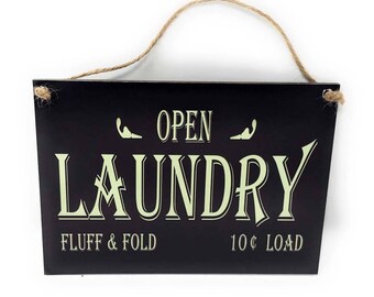 Open Laundry Fluff & Fold 10 cents Load 7&quot; x 5&quot; Vintage Nostalgic Look Hardboard Sign