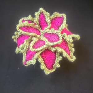 May include: A handmade crochet flower in vibrant pink with a light green trim. The flower has multiple layers of petals, creating a three-dimensional effect. The craftwork is set against a dark background.