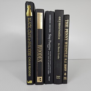 May include: A collection of five hardcover books with black covers and gold lettering. Titles include "Black Cats & Evil Eyes," "Wooden," "Stay Positive," "Oxymoronica," and "The Penny Whistle." The books are arranged vertically.