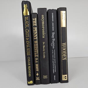 May include: A collection of five black books with gold lettering. Titles include "Black Cats & Evil Eyes," "The Penny Whistle," "Oxymoronica," "Stay Positive," and "Wooden." The books are arranged vertically, with the spines facing the viewer.