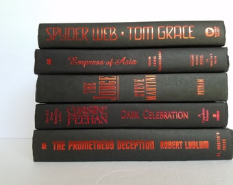 Black Decorative Books with Red Foil Lettering, Set of 5
