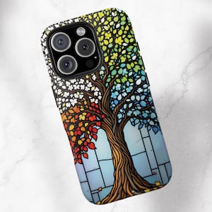 Colorful Tree Phone Case, Artistic Phone Protector, Nature Lover Gift, Stained Glass Design, Iphone Case, Unique, Tree of Life, Season Case