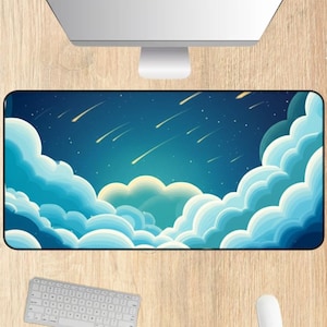Desk Mat with Stylized Night Sky and Shooting Stars, Blue and White Clouds, Dreamy Office Decor, Galaxy Desk Pad, Celestial Mouse Pad