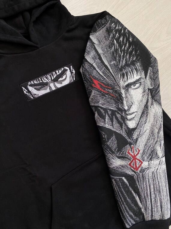 Berserk Hoodie with Gobelin Woven Sleeve – Guts Anime Tapestry Streetwear, Embroidered Berserk Sweatshirt, Dark Fantasy Gift