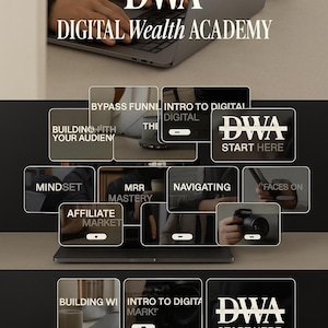 Könnte beinhalten: Ein Laptop mit dem Text "DWA DIGITAL Wealth ACADEMY" wird angezeigt. Darunter befinden sich mehrere Miniaturansichten mit Text wie "Mindset", "MRR Mastery" und "Affiliate Market". Das Bild deutet auf eine Online-Bildungsplattform hin.
