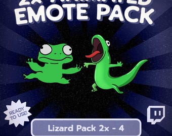 Kawaii 2er-Pack animierte Echsen-Emotes für Twitch und Discord, lustige Gecko-Achselzucken- und Schrei-Reaktionen für den VTuber-Stream-Chat