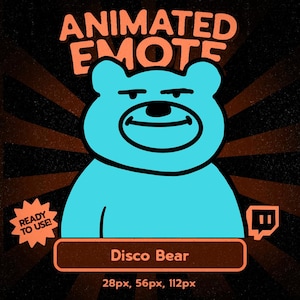 Pode incluir: Um gráfico digital apresentando um urso azul-claro com uma expressão presunçosa. O texto diz ANIMATED EMOTE, READY TO USE e Disco Bear. Um ícone do logotipo da Twitch está presente, junto com o texto 28px, 56px, 112px em um fundo escuro.