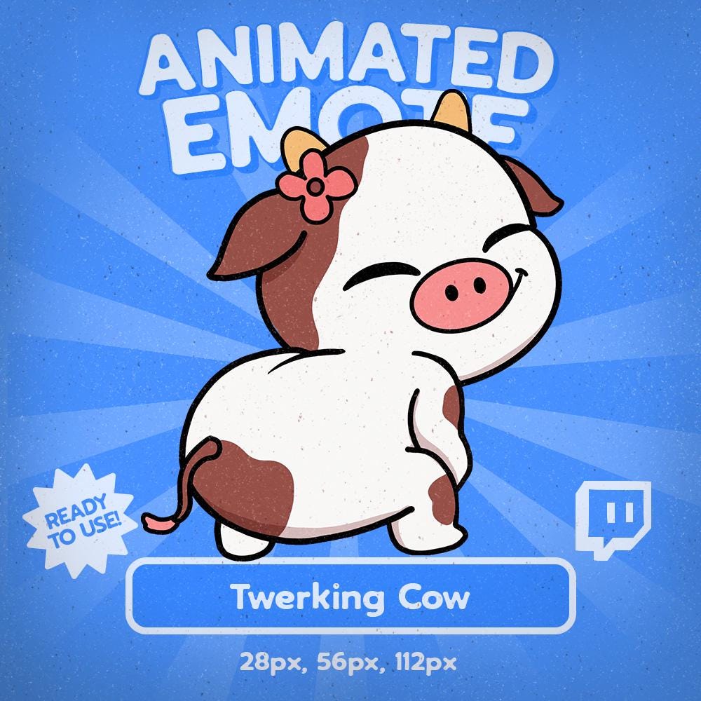 Emote animée vache twerk : GIF amusant pour Twitch, Discord, Kick