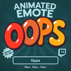 以下が含まれることがあります： オレンジと黄色のバブル文字で「OOPS」という単語が描かれたアニメーション絵文字グラフィック。「ANIMATED EMOTE」というテキストが「OOPS」という単語の上にあります。「OOPS」という単語の下には、「Opps」という単語が白いボックスにあり、「READY TO USE！」というテキストが星の中にあります。