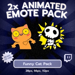 May include: A digital graphic featuring two animated cat emotes. One is an orange cat with a heart and the other is a skeleton cat. Text reads "2x ANIMATED EMOTE PACK" and "Funny Cat Pack". The image is ready to use.