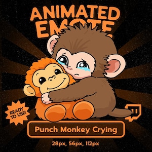 Puede incluir: Emoticón animado que presenta un mono marrón abrazando a un mono naranja, ambos con rasgos de dibujos animados. El mono marrón tiene lágrimas y el texto "Punch Monkey Crying" se muestra debajo. La imagen incluye el texto "READY TO USE!" y la marca Twitch.