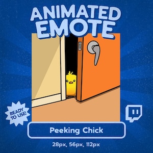 Puede incluir: Gráfico de emote animado con un pollito amarillo asomándose por detrás de una puerta naranja con un tirador plateado. El texto incluye "Animated Emote", "Ready to Use!" y "Peeking Chick". Fondo azul.