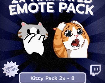 Kawaii Kitty animiertes Emote-Paket für Twitch und Discord, niedliche Katzenreaktions-Emotes, schüchterne graue Katze, schockierte orangefarbene Tabbykatze, VTuber-Asset
